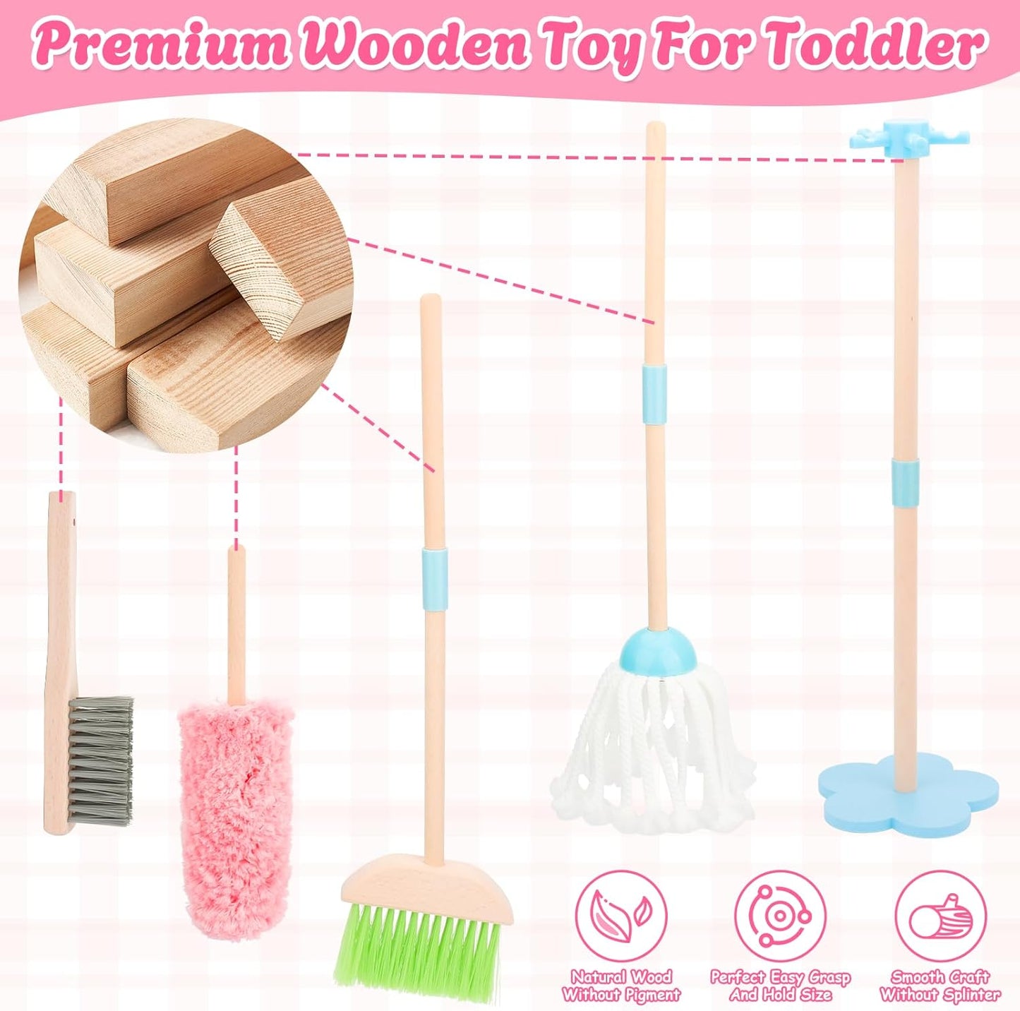 Kids Cleaning Set, Wooden Toddler Broom Set for Housekeeping, 8 Pieces Montessori Cleaning Toys with Kids Broom and Mop Set, Housework Pretend Play Toy Gift for Boys Girls Ages 3+