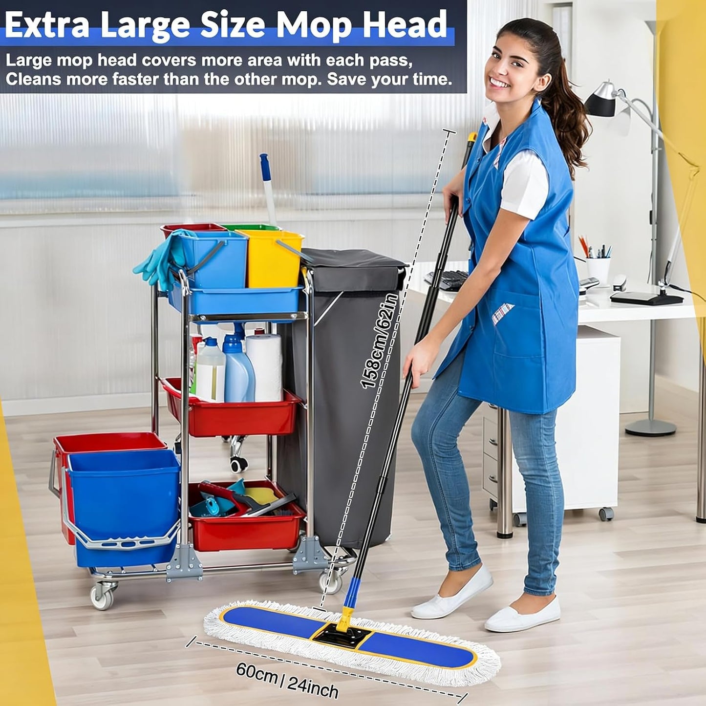48" Commercial Industrial Dust Mop for Floor Cleaning, Large Floor Dust Broom with Washable Mops Pads, Wet Dry Duster Mops for Hardwood Floors,Marble, Laminate, Tile, Concrete, Garage,Blue