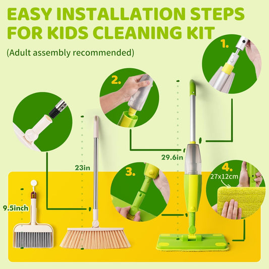 Kids Spray Mop, Fun & Functional Toddler Mop Cleaning Set,Real Working Mini Mop, Pretend Play Toy –Includes Spray Bottle,Washable Microfiber Pads, Montessori Kids Cleaning Toy Set -Green
