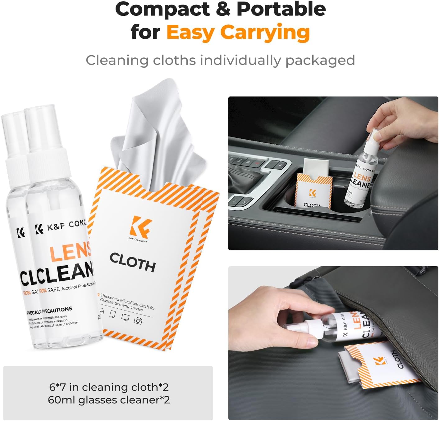 K&F CONCEPT Lens Cleaner Spray Kit | 60ML Glasses Cleaner x2 + Microfiber Cleaning Cloth x2 | Lens and Screen Cleaning Kit | Alcohol Free Eyeglasses, Camera, VR/AR Headset, and Screen Cleaning