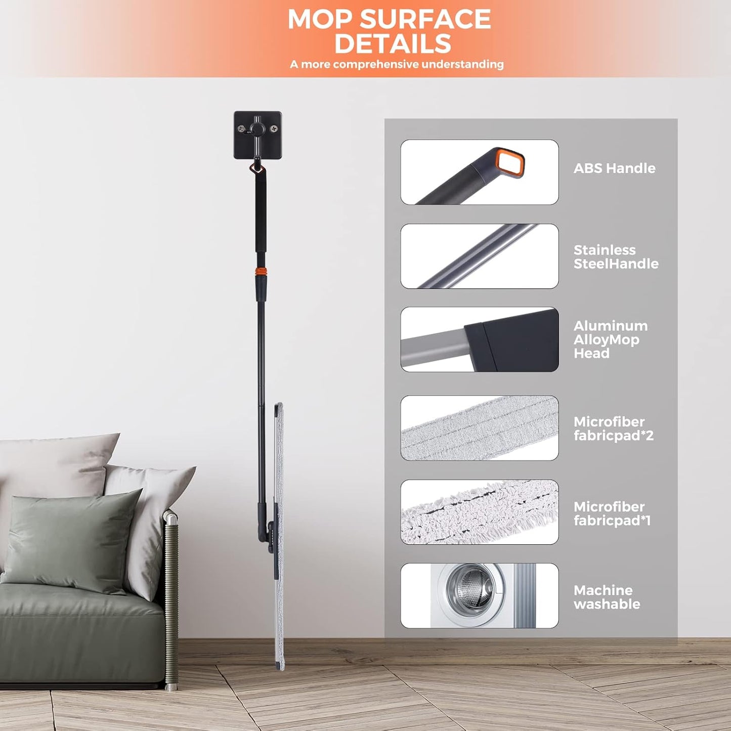 18 Professional Microfiber Mop Large Flat Mops for Floor Cleaning 4 Reusable Washable mop Pads Hardwood Cleaning System Wet and Dust Mop with 61in Long Stainless Steel Handle