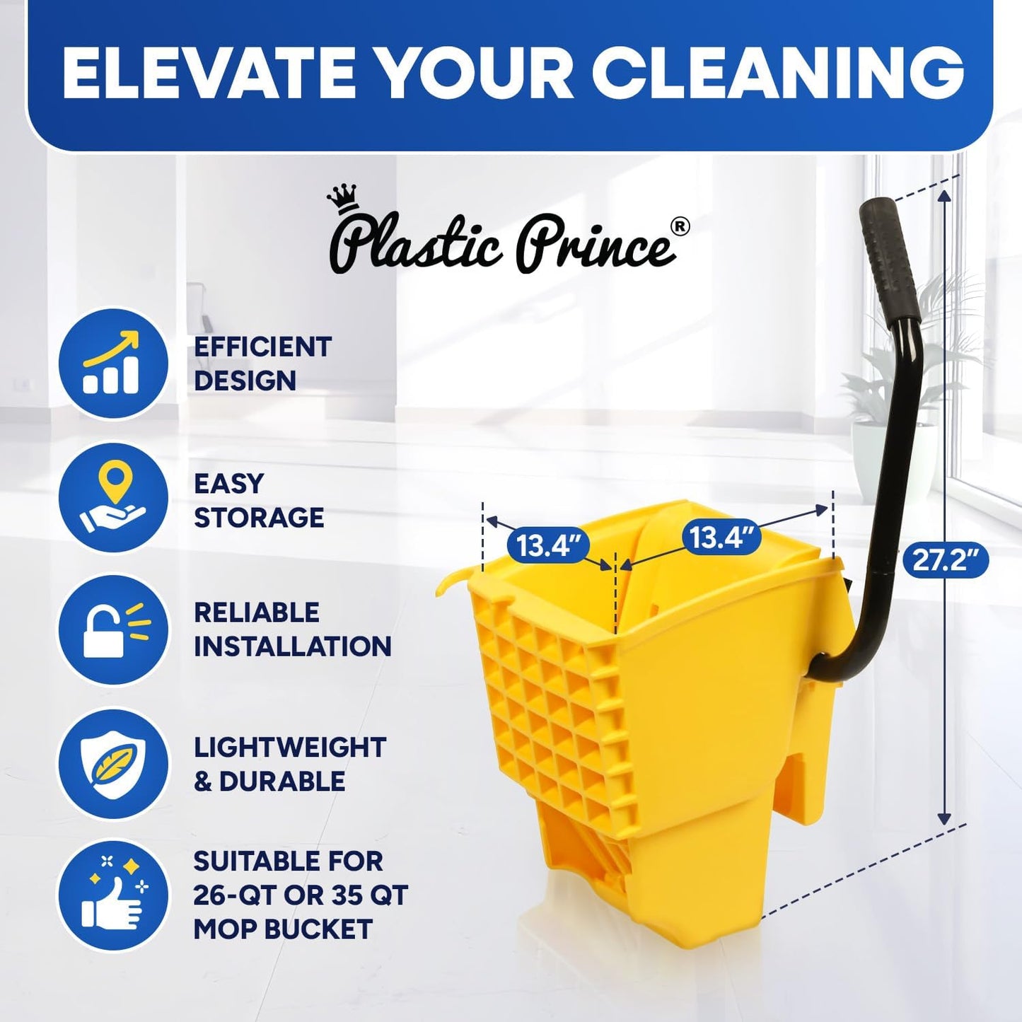PLASTIC PRINCE Mop Wringer Only Side Press Wringer Replacement for Commercial Mop Bucket on Wheels - 26-Quart or 35 Quart, Yellow