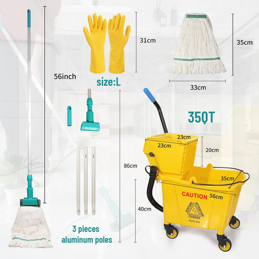 Side Press Wringer Combo Commercial Mop Bucket on Wheels, 35 Quart,Yellow, Including Commercial Mop and Rubber Gloves