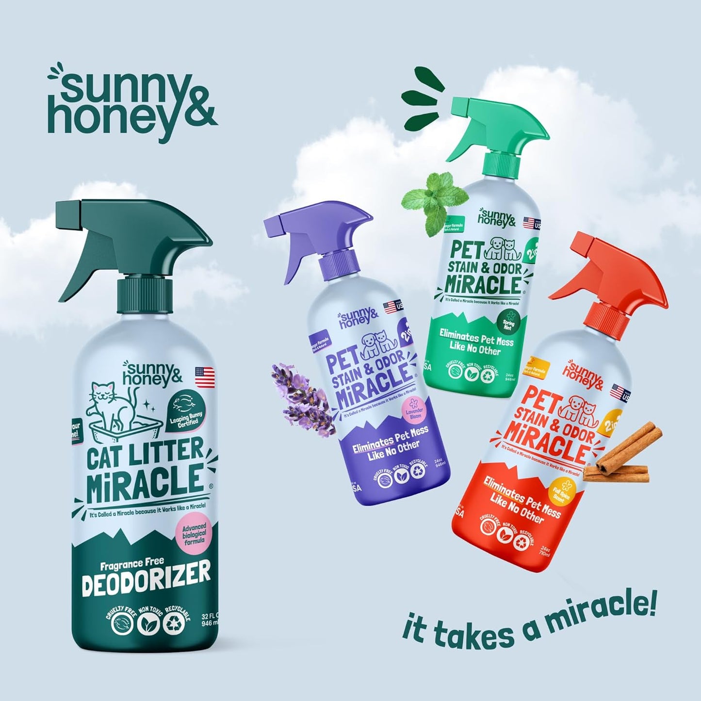 Sunny & Honey Cat Litter Deodorizer Spray - 32 fl oz, 1 Pack, Unscented - Source-Targeted Freshness & Litter Box Cleaner - Enzyme Cat Pee Cleaner - Fragrance-Free Deodorizer