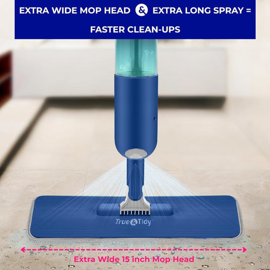 True & Tidy® SPRAY-250 Multi-Surface Spray Mop with Refillable Water Bottle for Floor Cleaning, Works on Wood, Tile, Marble etc, Use Any Cleaning Solution, Machine Washable Microfiber Mop Pads, Navy
