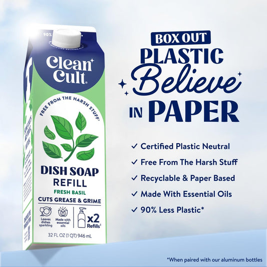 Cleancult Dish Soap Liquid Refill (32oz, 3 Pack) - Plant Based Cleaning Power - Dish Soap that Cuts Grease & Grime - Free of Harsh Chemicals - Uses 90% Less Plastic - Fresh Rain
