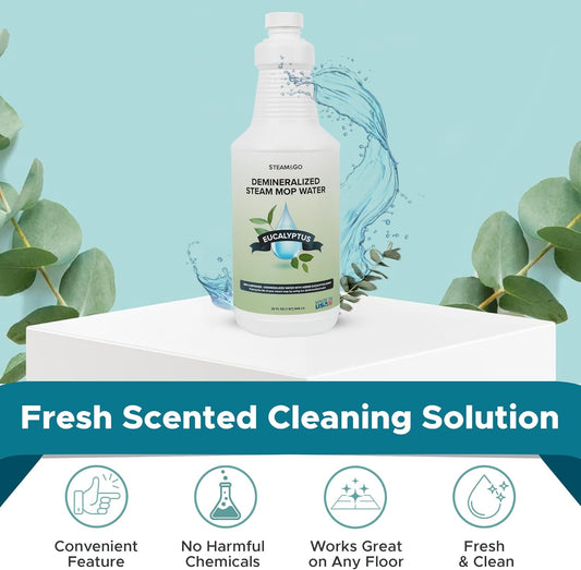 Steam & Go - Demineralized Water for Steam Cleaner, PVC-Free Floor Cleaner Liquid Compatible with Any Steam Mop, Ready-to-Use Multisurface Cleaner, Scented Mop Solution, Eucalyptus Mint, 32 oz