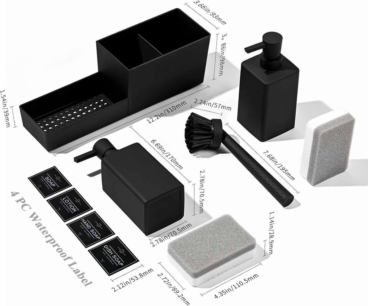 Kitchen Soap Dispenser Set with Sponge Holder and Brush for Sink Rack Hand Soap and Dish Soap Dispensers Black 4-in-1