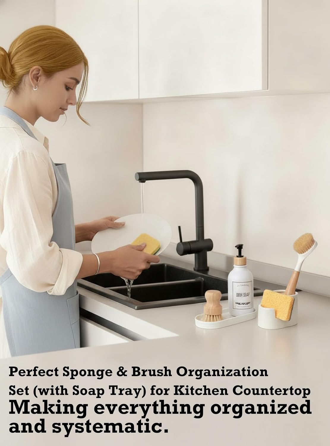 Ceramic Sponge Holder for Kitchen Sink, 2-in-1 Sponge & Brush Organizer, Compact Countertop Sink Caddy with Raised Edge to Catch Drips, Keeps Countertops Dry, Dishwasher Safe, Rustproof, White