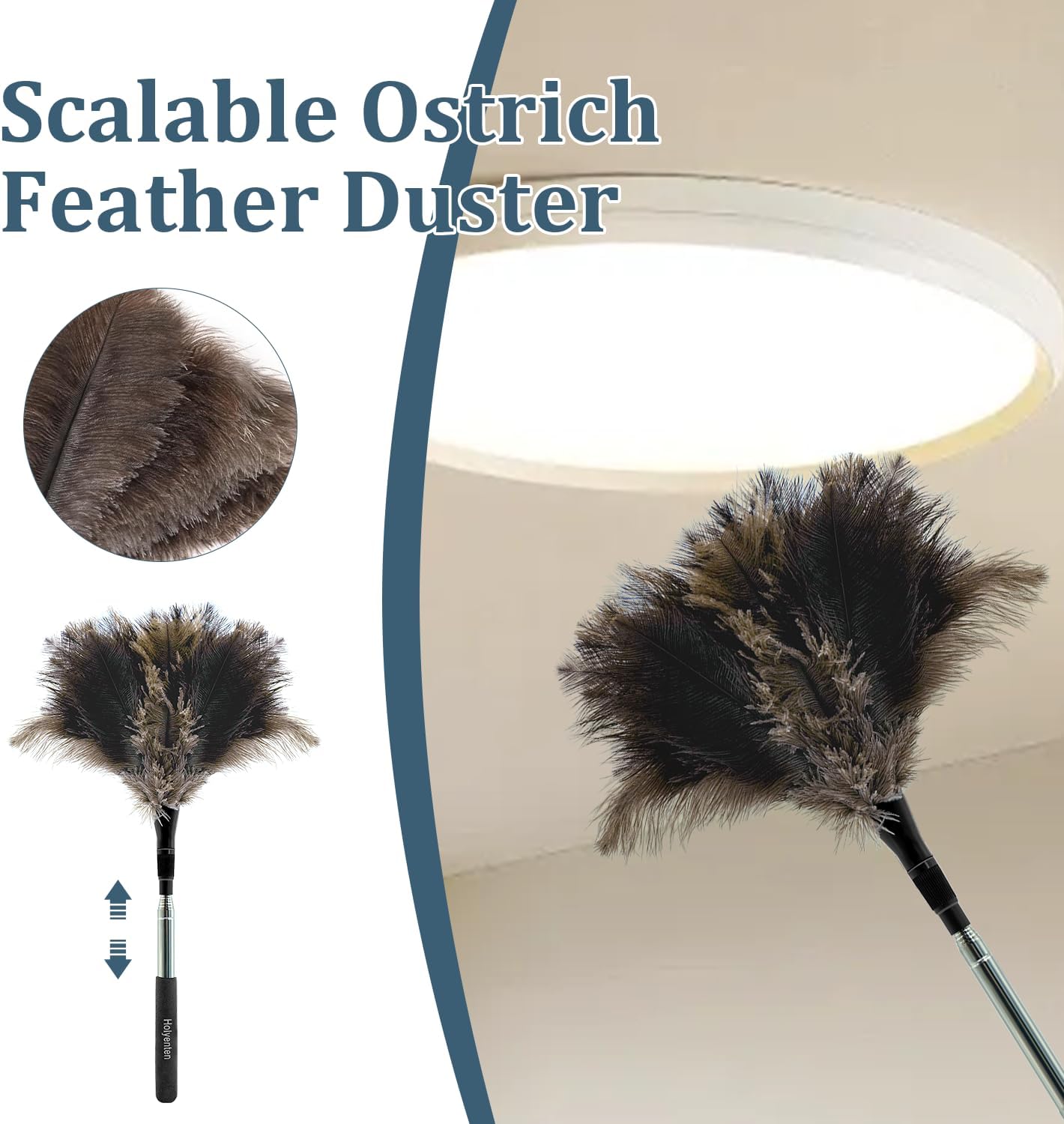 Extendable Feather Duster - 47 inches Soft Long Handle Reusable Feather Duster for Cleaning Ceiling Fan,Hanging lamp, High Ceiling, Blinds, Furniture,Ostrich Feather Duster