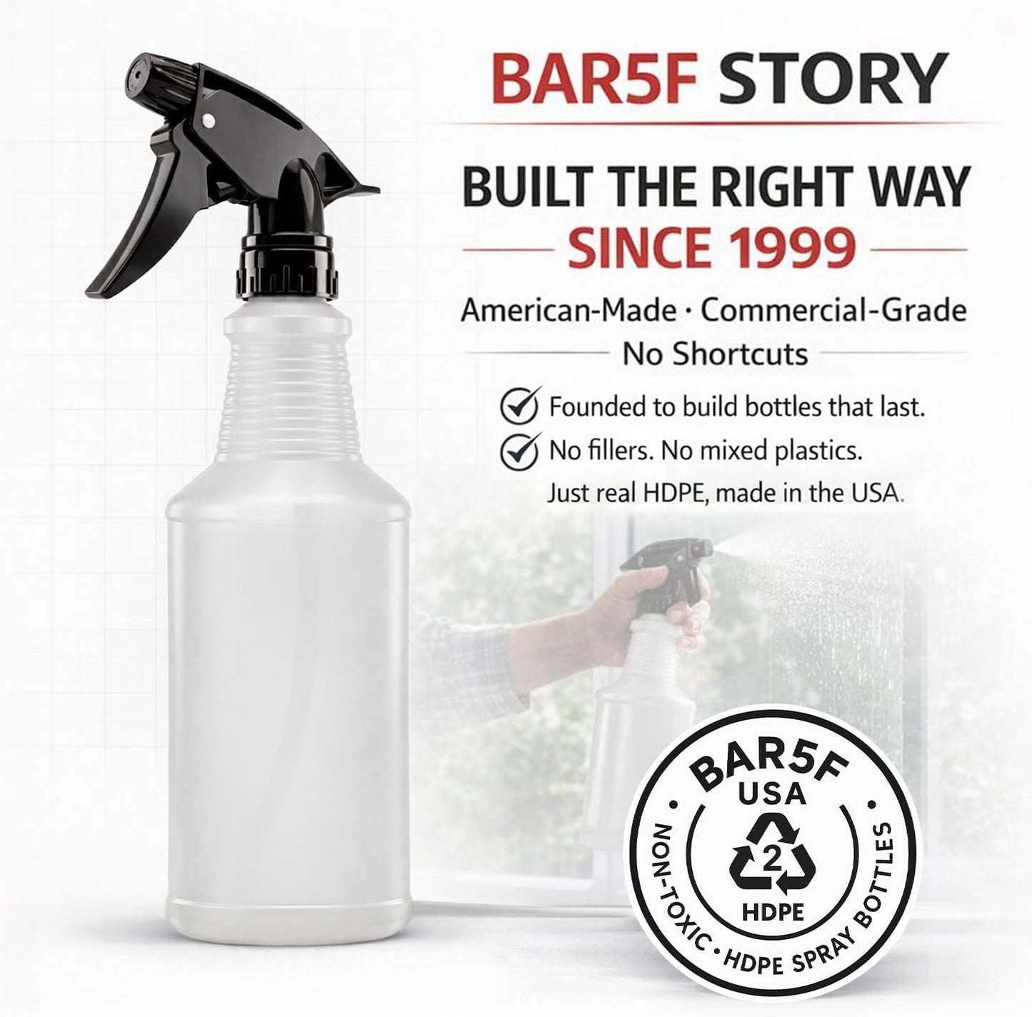 Bar5F Spray Bottles, 24oz, 3 Pack, Chemical-Resistant, BPA-Free, Compatible with Vinegar, Rubbing Alcohol, Cleaning Solutions, Non-Toxic HDPE Bottle for Plants, Pet, BBQ, Auto Detailing, Made in USA