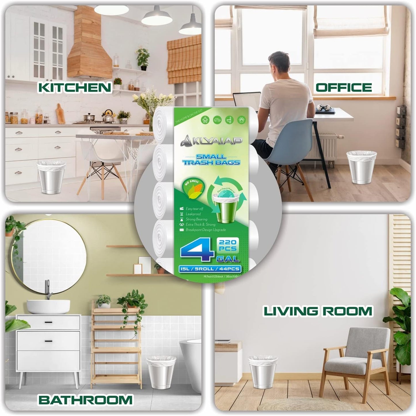 220 Counts Aklyaiap 4 Gallon Trash Bag,Tear & Leak Resistant Bathroom Biodegradable Small Garbage Can Bags Unscented for Home & Kitchen, 5Rolls, White