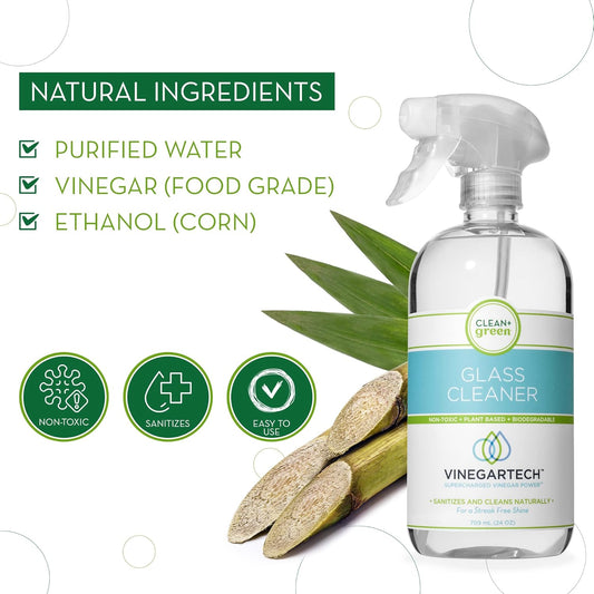 CLEAN+GREEN VinegarTech Glass Cleaner Spray - Cleaning Vinegar- Vinegar For Cleaning Purpose - Glass Cleaner, Window Cleaner, Bathroom Glass Cleaner- Spray Cleaner for House Supplies- 24 Fl Oz