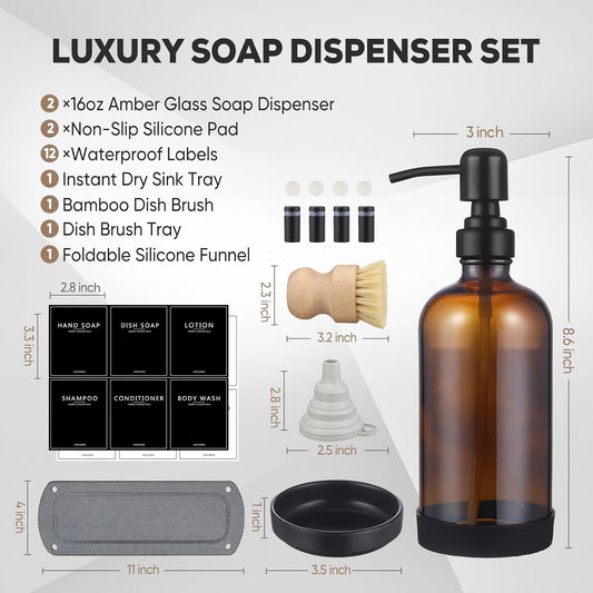 Kitchen Soap Dispenser Set with Instant Dry Tray,16 Oz Hand and Dish Soap Black Glass Dispenser Set,Stainless Steel Pump,Waterproof Labels&Dish Brush,Luxury Soap Bottle for Kitchen,Bathroom