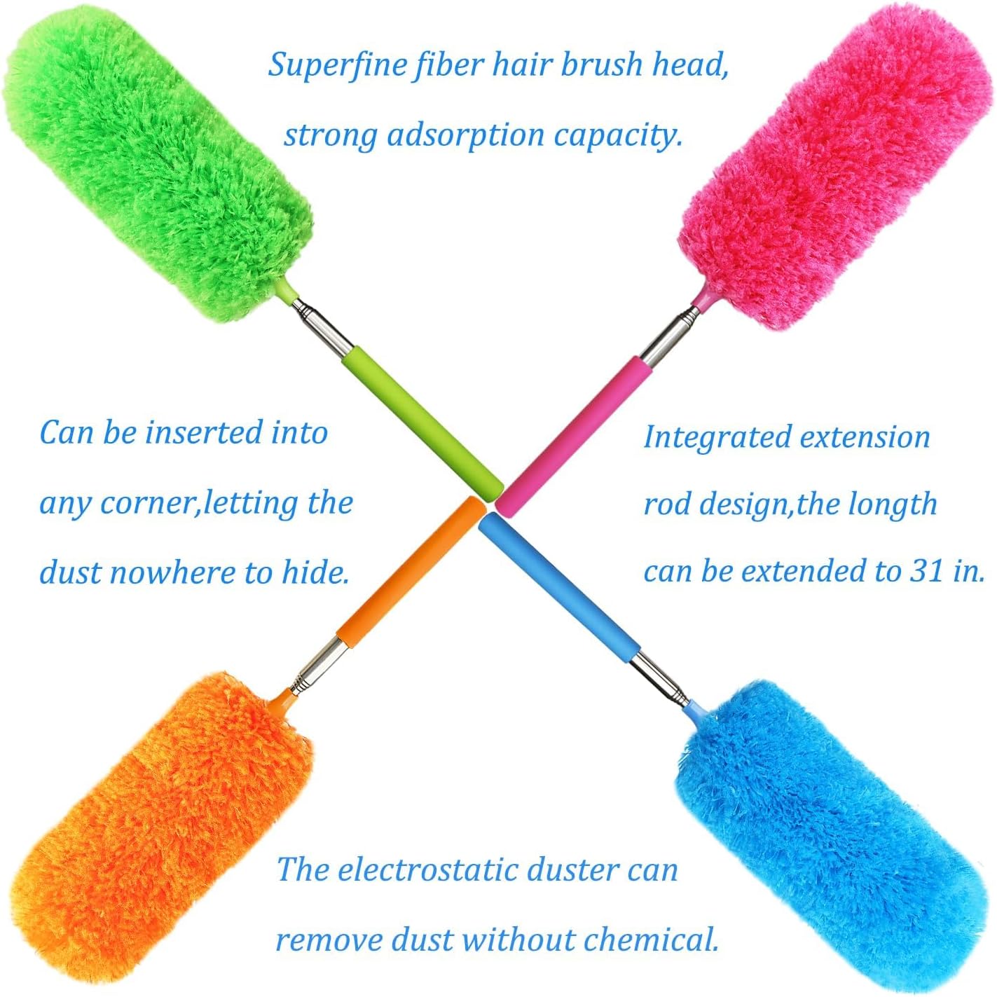 4 Pcs Washable Microfiber Feather Duster, with Extendable Pole and Bendable Head, Microfibre Cleaning Tool for Cleaning Office, Car, Computer, Furniture, Sofa, Blue,green,orange,red