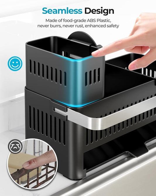 Nieifi Sponge Holder for Kitchen Sink, Sink Caddy with High Brush Holder and Towel Rack, Kitchen Countertop Organizer and Storage Essential (Black with Smiley Face, 10.12″)