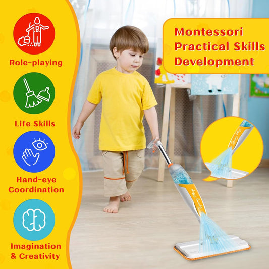 Kids Spray Mop Toy with 420ML Refillable Water Bottle, Montessori Toddler Cleaning Set for Real Floor Cleaning, Pretend Play Toy Housekeeping Kit with 2 Washable Microfiber Pads and Scraper, Orange
