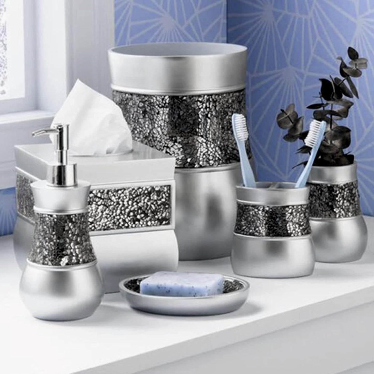 Creative Scents Crackled Glass Toilet Brush with Holder - Silver Toilet Bowl Cleaner Brush and Holder - Good Grip, Deep Cleaning, Decorative Design Compact Toilet Bowl Scrubber