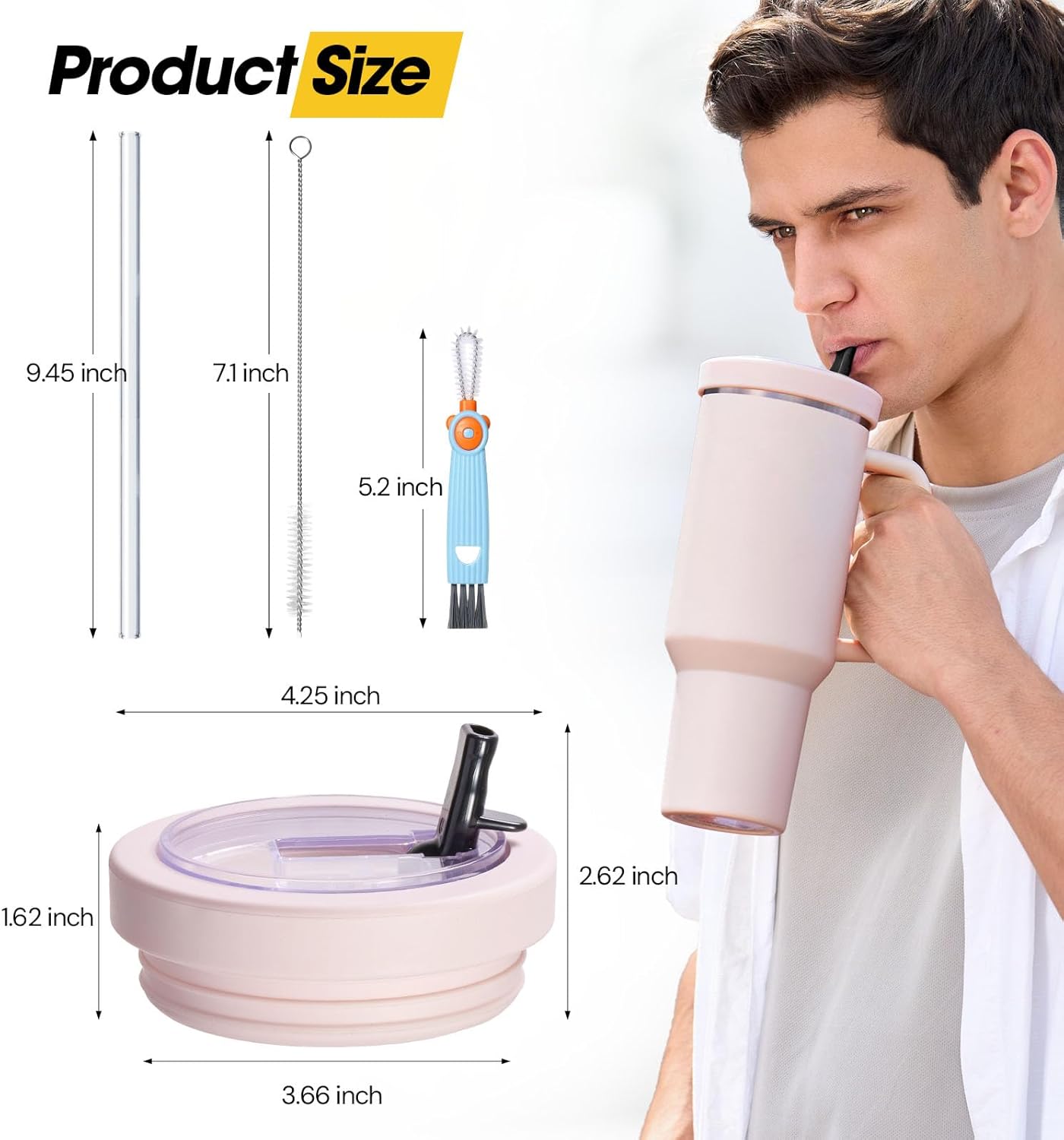 40 Oz Tumbler Flip Straw Lid Compatible with Stanley Quencher Cup, Anti Spill Replacement Cup Covers, Durable Silicone Leak Proof Lids with Cleaning Brush Set for Travel Storage