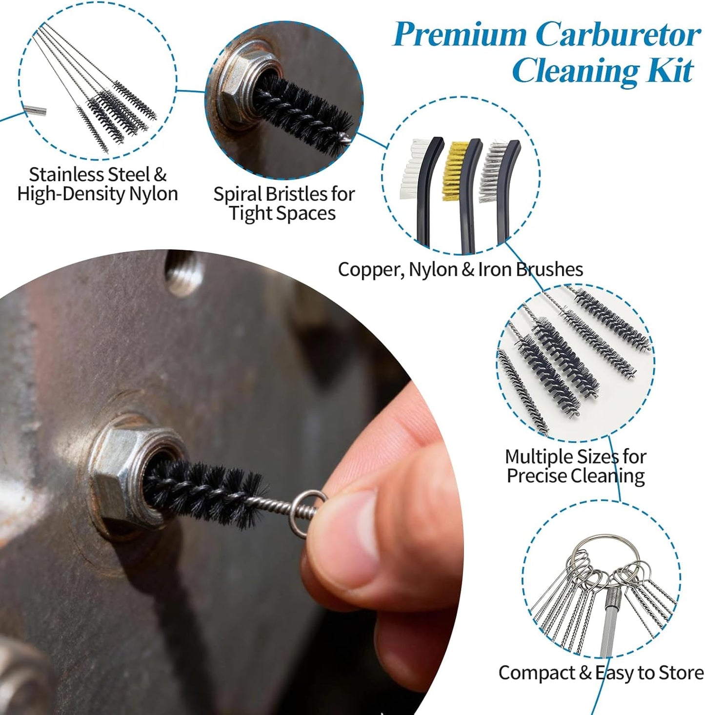 Carburetor Cleaning Kit – 13 Clean Line Set, 9 Cleaning Needles, 6 Nylon Brushes, Throttle Wrench & Pointed Pick, Stainless Steel Carbon Dirt Jet Remover Cleaner for Motorcycle, Chainsaw, Spray Guns