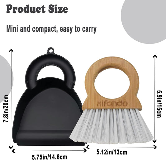 Mini Broom and Dustpan for Housekeeping-Bamboo Handle Small Broom and Dustpan Set Combination Mini Desktop Sweep, Keyboard Cleaning Brush with Shovel Brush,Round Bamboo Handle