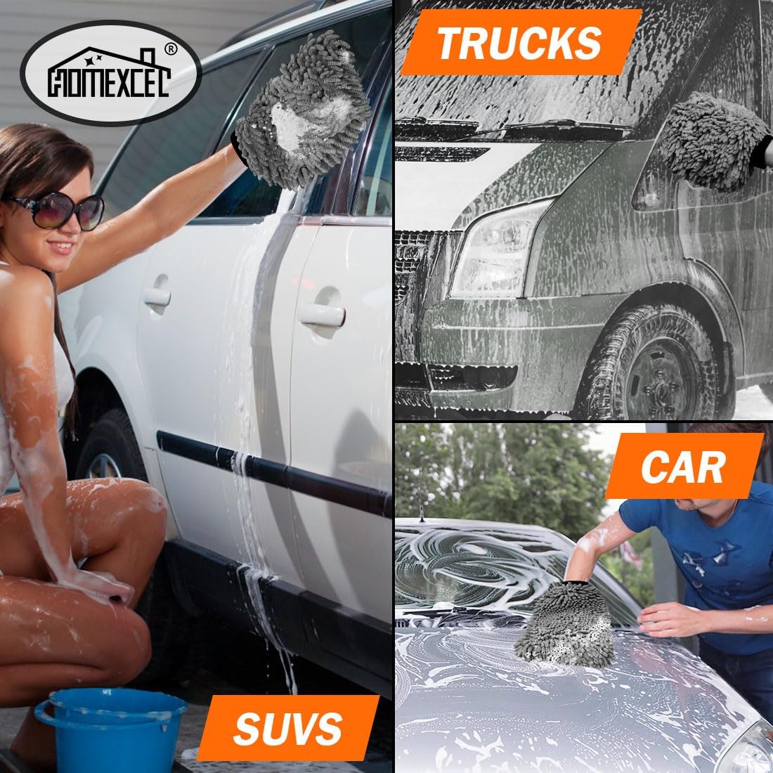HOMEXCEL Car Wash Mitt, 2PK Chenille Microfiber Wash Mitt, Scratch-Free & Lint-Free, Rich Foam, Highly Absorbent, Double Sided, Perfect for Car Washing and Detailing, 10.2" x 6.7 ", Grey