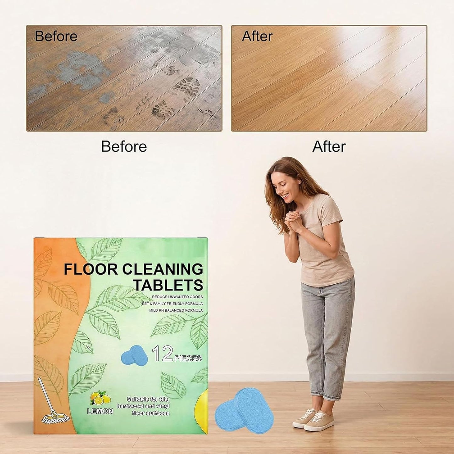 12pcs Floor Cleaner Tablets Hard Floor Cleaner Tablets, Pre-Measured Dissolvable Cleaning Solution for Tile, Vinyl, Compatible with Robot Mops & Wet/Dry Vacuums Cleaner lemon Scent