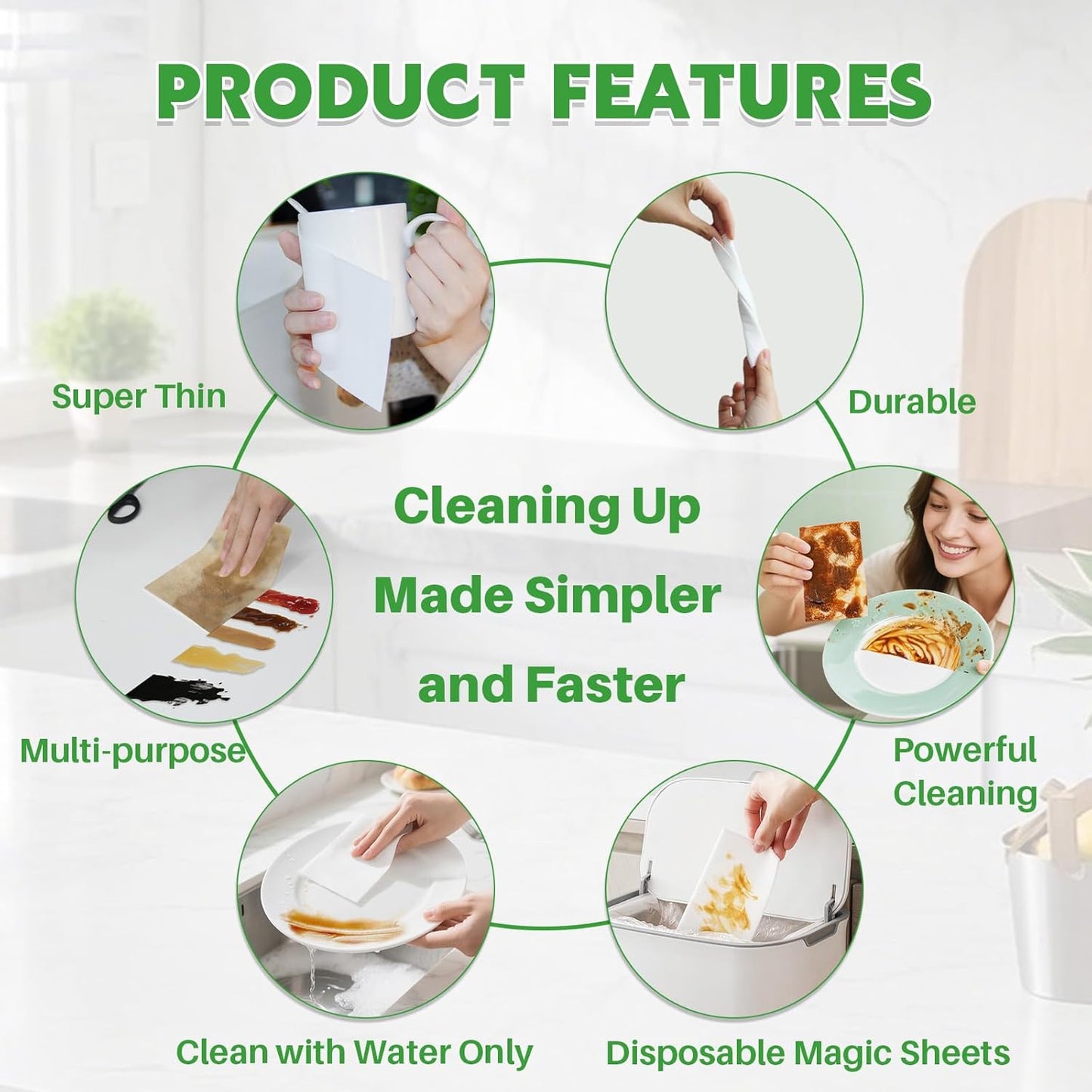 52 PCS Magic Sheet Eraser Sponge, GRS Certified, Ultra Thin for Cleaning Hard-to-Reach Place, Disposable & Portable, Deep Clean with Water Only for Cup Plate Sink Kitchen Bathroom