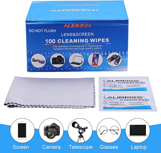 Pre-Moistened Lens Wipes ALIBEISS Screen Wipes for Glasses, Camera,Tablets, Smartphone, Screens and Other Delicate Surfaces,Pack of 100