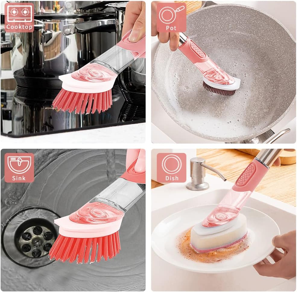 4-in-1 Dish Cleaning Brush Soap Dispensing Dish Brush Set with 4 Replacement Heads and Storage Holder, Kitchen Scrub Brush for Dish Pot Pan Sink Cleaning (Grey)