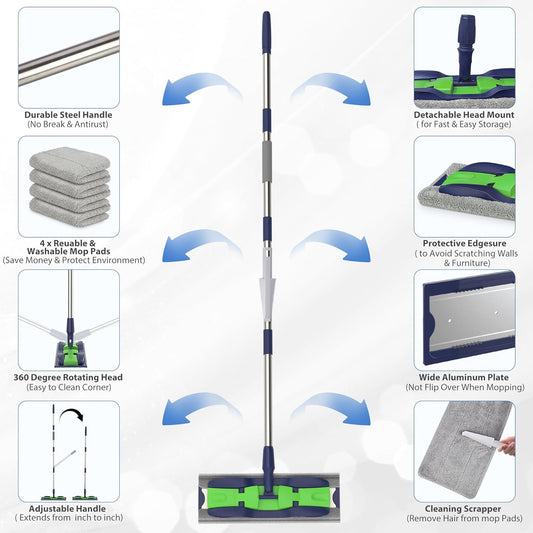 Microfiber Mops for Hardwood Floor Cleaning: MEXERRIS Flat Floor Mop with 4 Washable Pads 59" Adjustable Handle - Dust Dry Mops for Kitchen Bathroom Tile Laminate Wood Vinyl - Home Commercial Mop