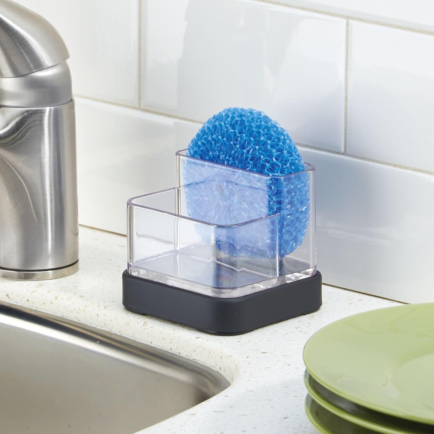 iDesign Forma BPA-Free Plastic Soap and Sponge Sink Organizer Caddy - 6" x 3.5" x 8.25", Clear/Matte Black