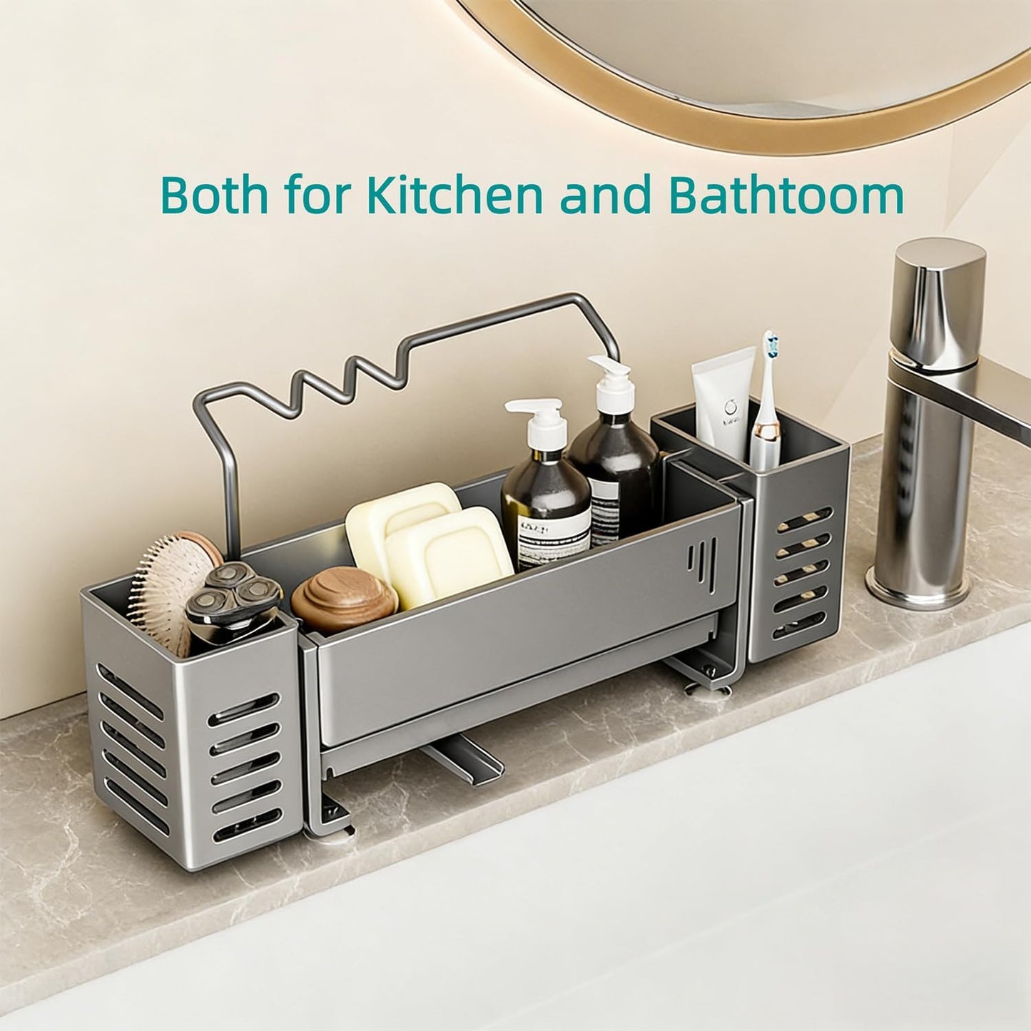 Sponge Holder for Kitchen Sink, Sink Caddy Organizer with 2 High Brush Holder, Kitchen Countertop Organizers and Storage Essentials, Self-draining Sponge Caddy Soap Dispenser Organizer (Gray)