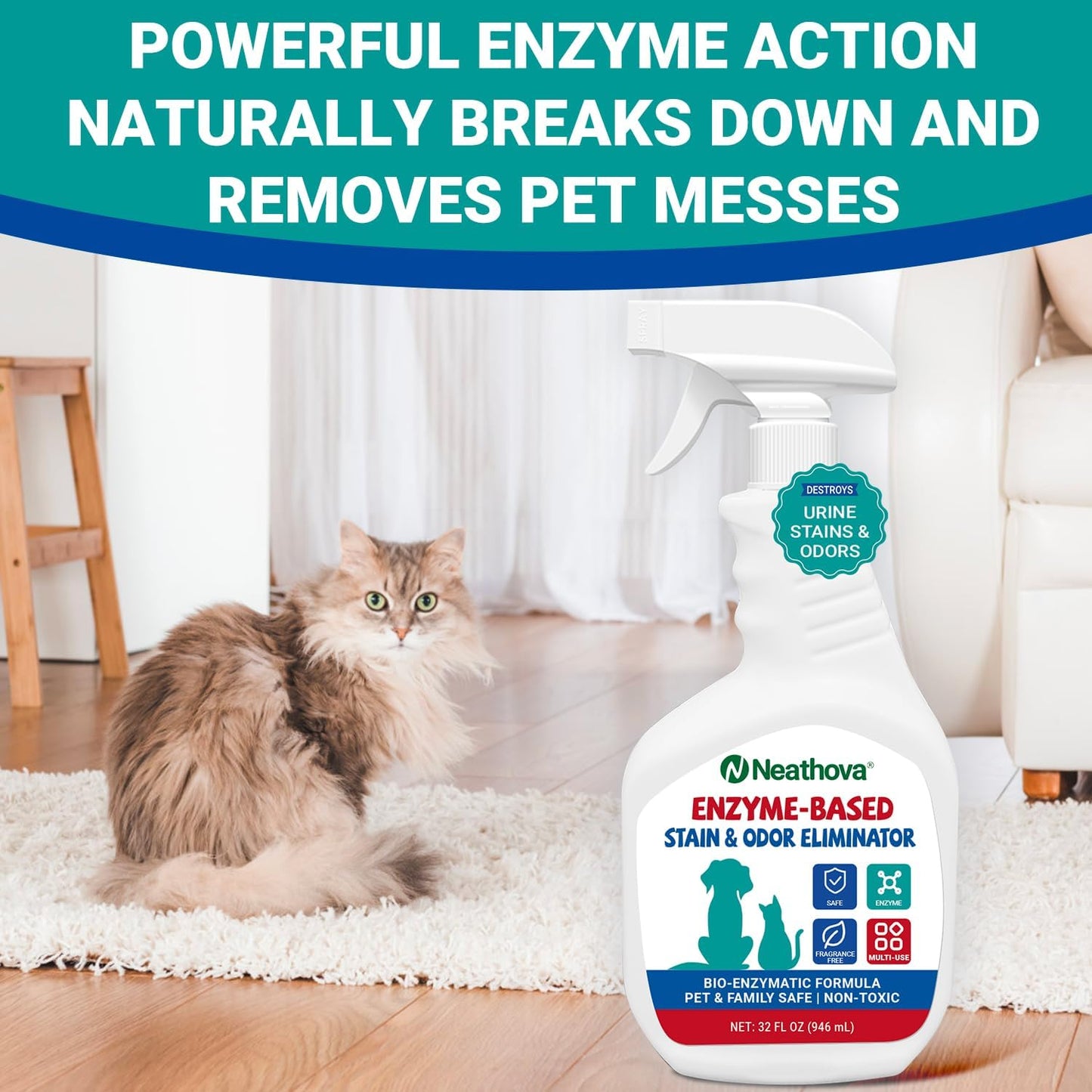 Stain & Strong Odor Eliminator, Enzyme Cleaner, Pet Odor Eliminator for Home - Carpet Stain Remover for Cats & Dog Pee - Urine Destroyer - Carpet Cleaner Spray Clear (Unscented)