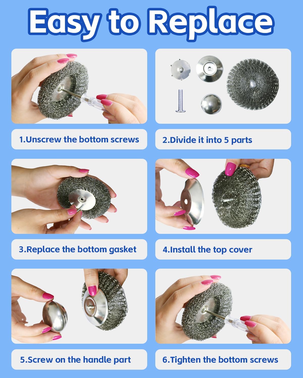 Stainless Steel Scrubber with Handle, Heavy Duty Steel Wool Scrubbers for Pots and Pans, Cast Iron, Steel Wool Scouring Pads for Stove, Oven, Grill, Kitchen, Sink Cleaning