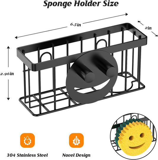 MURLONG Sponge Holder Smiley Face, Sink Caddy for kitchen Sink, Kitchen Organizer Sponge Holder with 2 PCS Suction Cups/1 PCS Adhesive Strips, Designed for Sponge, Soap, Dish brush, Scrubber-Black