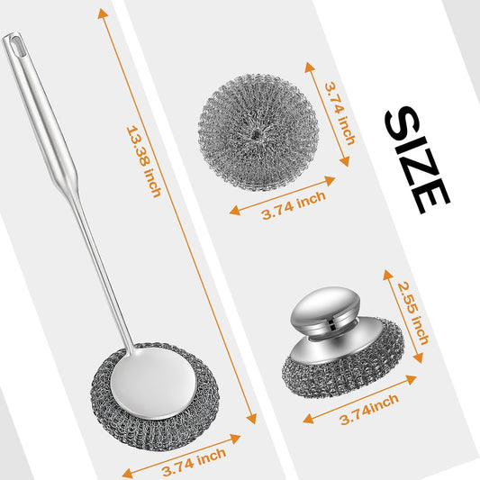Heavy Duty Stainless Steel Scrubber Set - Long & Short Handle with 5 Steel Wool Pads, Cast Iron & Pot Scrubber for Dishes, Pans, Grills, Stoves