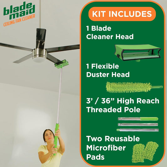 Blade Maid Ceiling Fan Blade Cleaner & Duster | Extendable Pole for High Ceilings, Moldings, Blinds, Walls & Cars, Corner Cleaning Tool, with Reusable Microfiber Pads | Size 3 feet (Pack of 1)