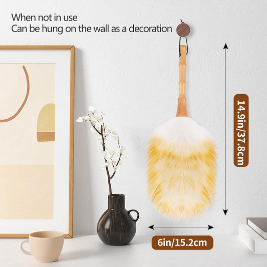 Lambswool Duster for Cleaning with Solid Wooden Handle Leather Hang Strap 87.8" Removable Retractable Feather Duster for Cleaning Ceiling Fans Window Blinds Interior Roof Furniture(2 Pack)
