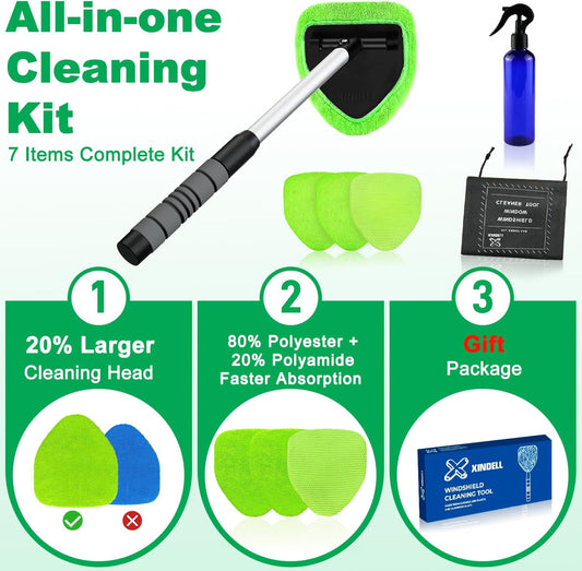 XINDELL Windshield Cleaner Tool – Car Interior Window Cleaning Kit with Extendable Handle & 4 Microfiber Pads, Auto Wiper Inside Windshield Brush for Car & Home Windows