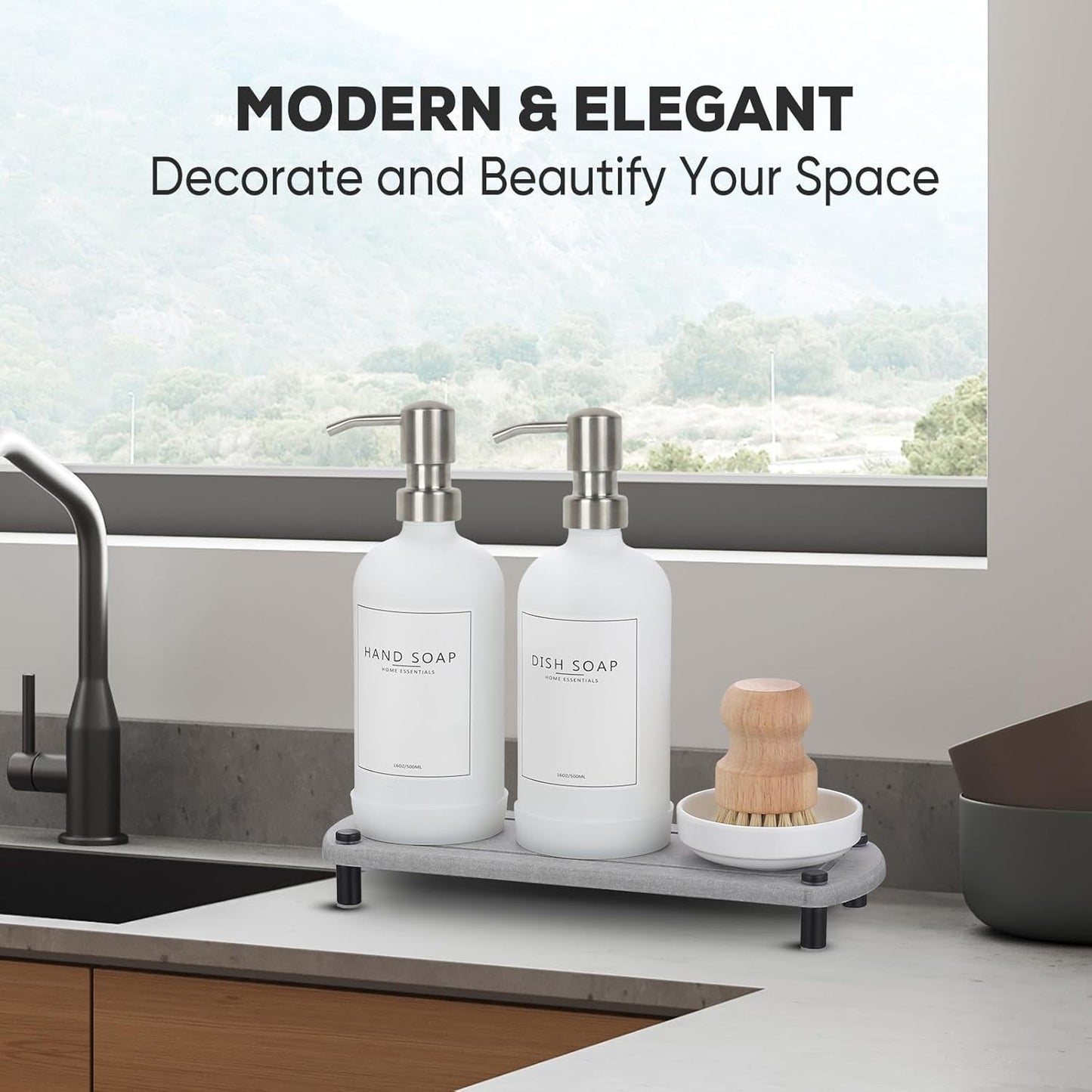 Kitchen Soap Dispenser Set with Instant Dry Tray,16 Oz Hand and Dish Soap Black Glass Dispenser Set,Stainless Steel Pump,Waterproof Labels&Dish Brush,Luxury Soap Bottle for Kitchen,Bathroom