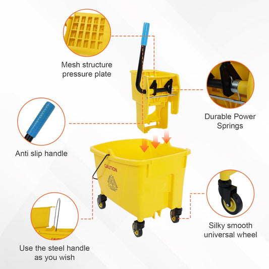 35 Qt Commercial Mop Bucket with Side Press Wringer on Wheels,Yellow Industrial Mops and Bucket Set for Floor Cleaning,Including 1 Industrial Mop 