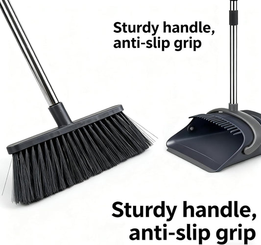 Broom and Dustpan Set with Long Handle - Upright Dustpan & 3 Rows Dense Bristles, Ideal for Home, Office, Kitchen, Lobby, Shop, All-Purpose Indoor & Outdoor Sweeping,Gray&Yellow