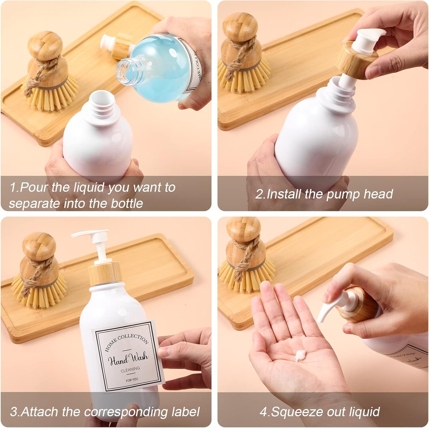 Zopeal 4 Pcs 16 oz Kitchen Soap Dispenser Set with Bamboo Tray and Dish Brush Plastic Soap Dispenser Set with Waterproof Labels for Hand Dish Lotion(Frosted Black)