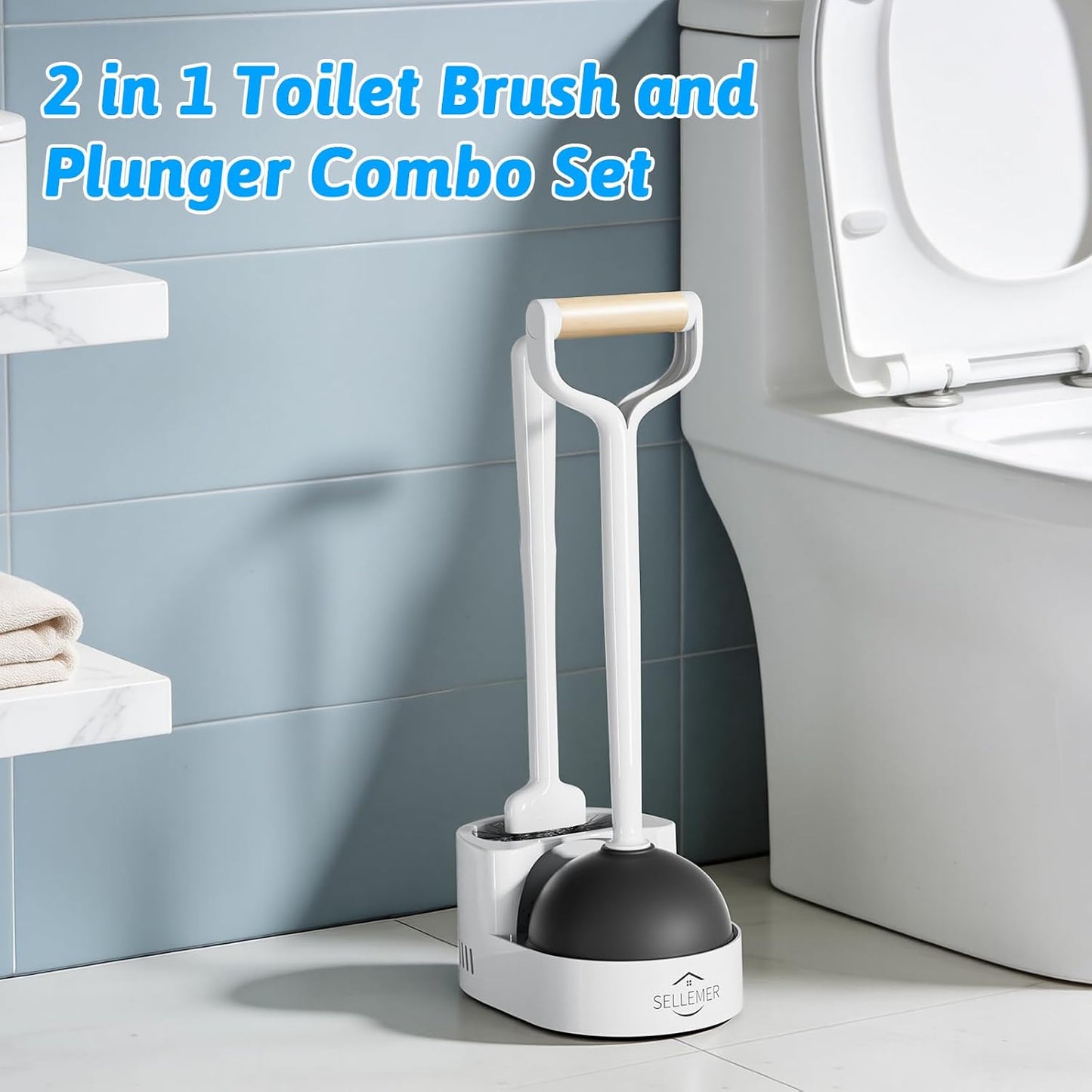 Sellemer Toilet Brush and Plunger Set, Curved Design Head for Deep Cleaning, Heavy Duty Toilet Bowl Brush and Plunger Combo with Holder for Bathroom Cleaning, Black, 2 Pack