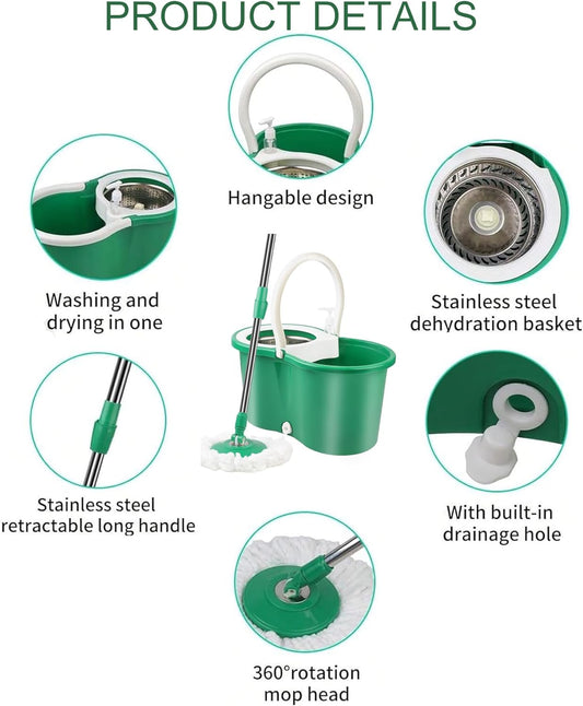 Hand Free Household Mop and Bucket with Wringer Set,Operable 360 ° Rotating Mop Bucket Set with 3 Microfiber Replacement Head and Stainless Steel 56" Extended Handle for Office and Home use(Green)