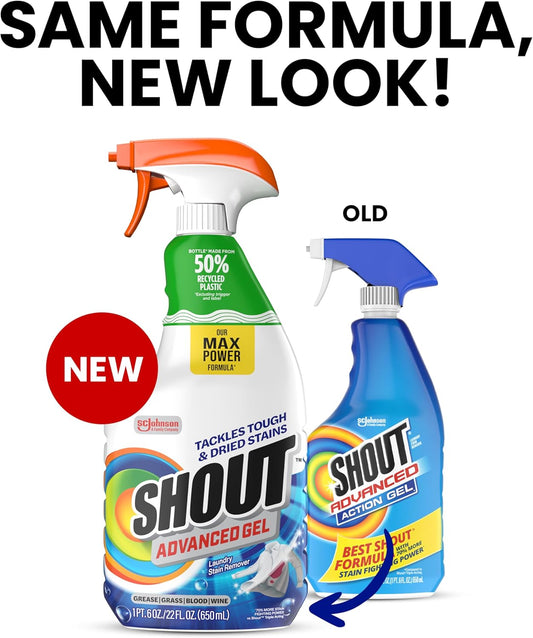 SHOUT Advanced Laundry Stain Remover Gel for Clothes Laundry, Breaks Down Stubborn, Dried-in, and Tough Stains, 22oz Spray, Pack of 3 (Packaging May Vary)