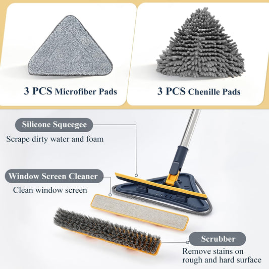 Base Board Cleaner Tool with Handle, 360 Rotating Wall Cleaner Mop, 180 Folding Ceiling Tool Duster with Squeegee for Cleaning Wall, Ceiling, Window, Floor, 8 Replacement Cleaning Pads
