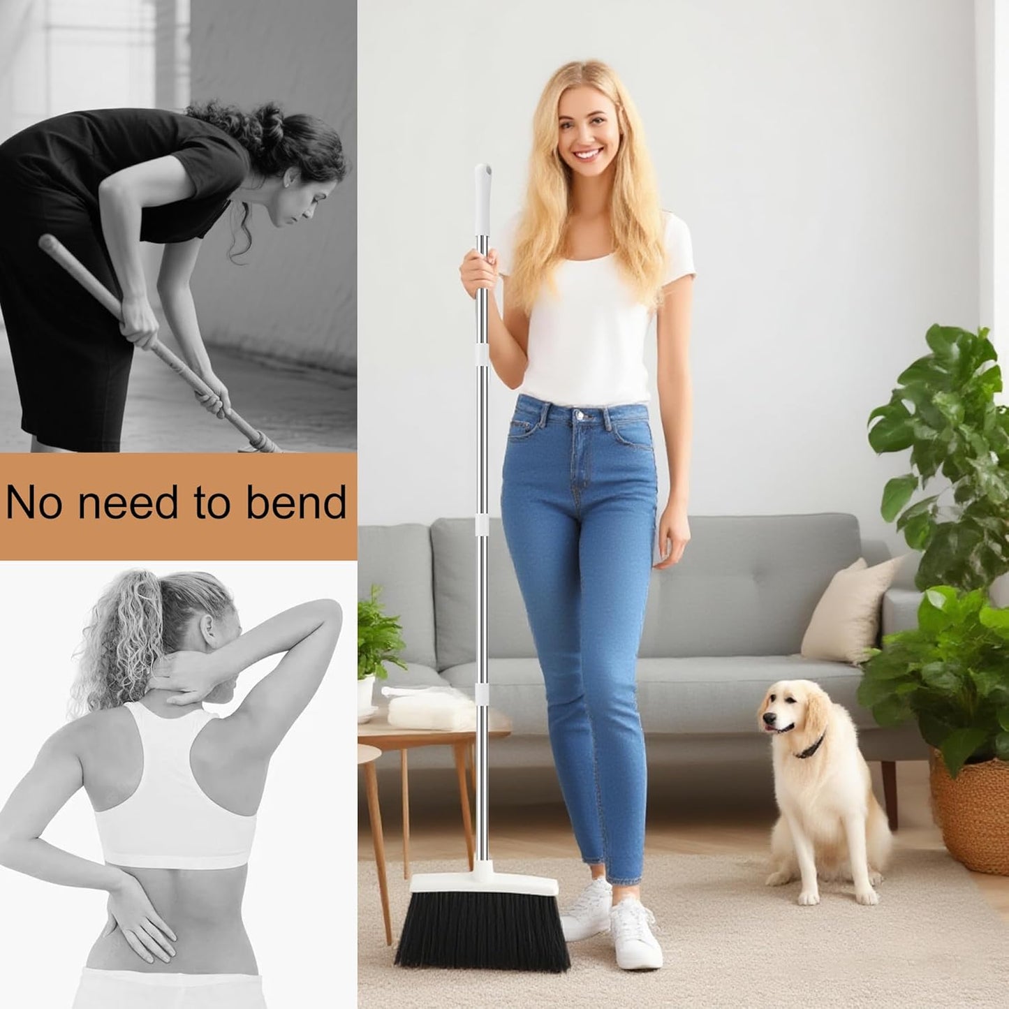 BSKLIN Broom and Dustpan Set, Broom with Dustpan Combo Set with Teeth to Clean Pet Hair 52-in Long Adjustable Handle Broom for Home Office Kitchen Lobby(White) (White)