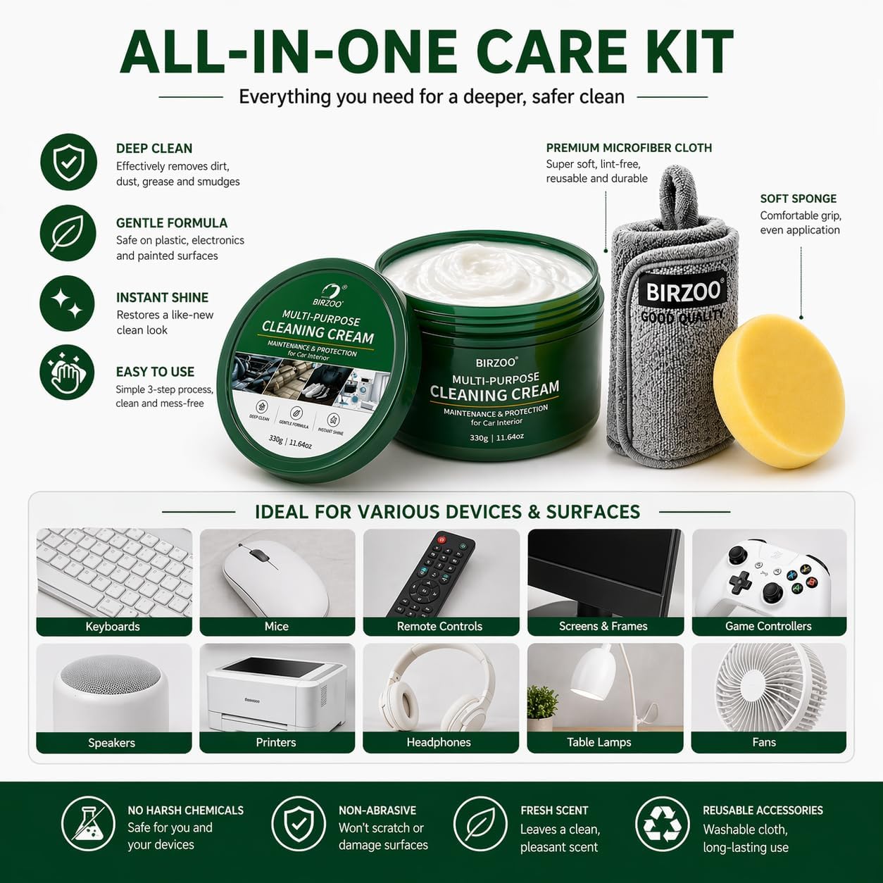 Multi Purpose Cleaning Cream, Waterless No Spray Cleaning Paste for Electronics, Small Appliances & Leather Surfaces, with Sponge and Cloth, 330g (11.64 oz)